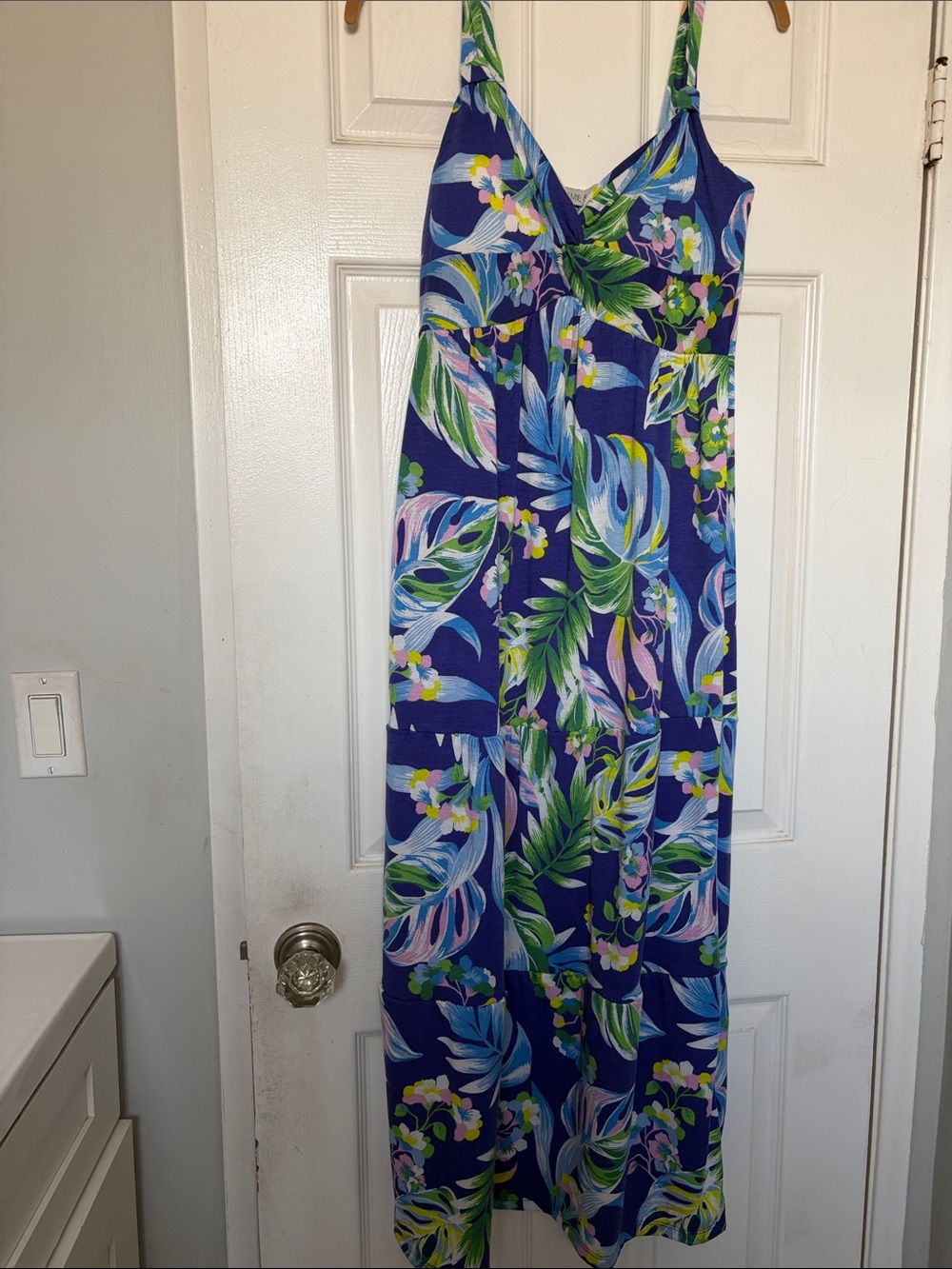 Blue Tropical Print Maxi Dress with Adjustable Straps